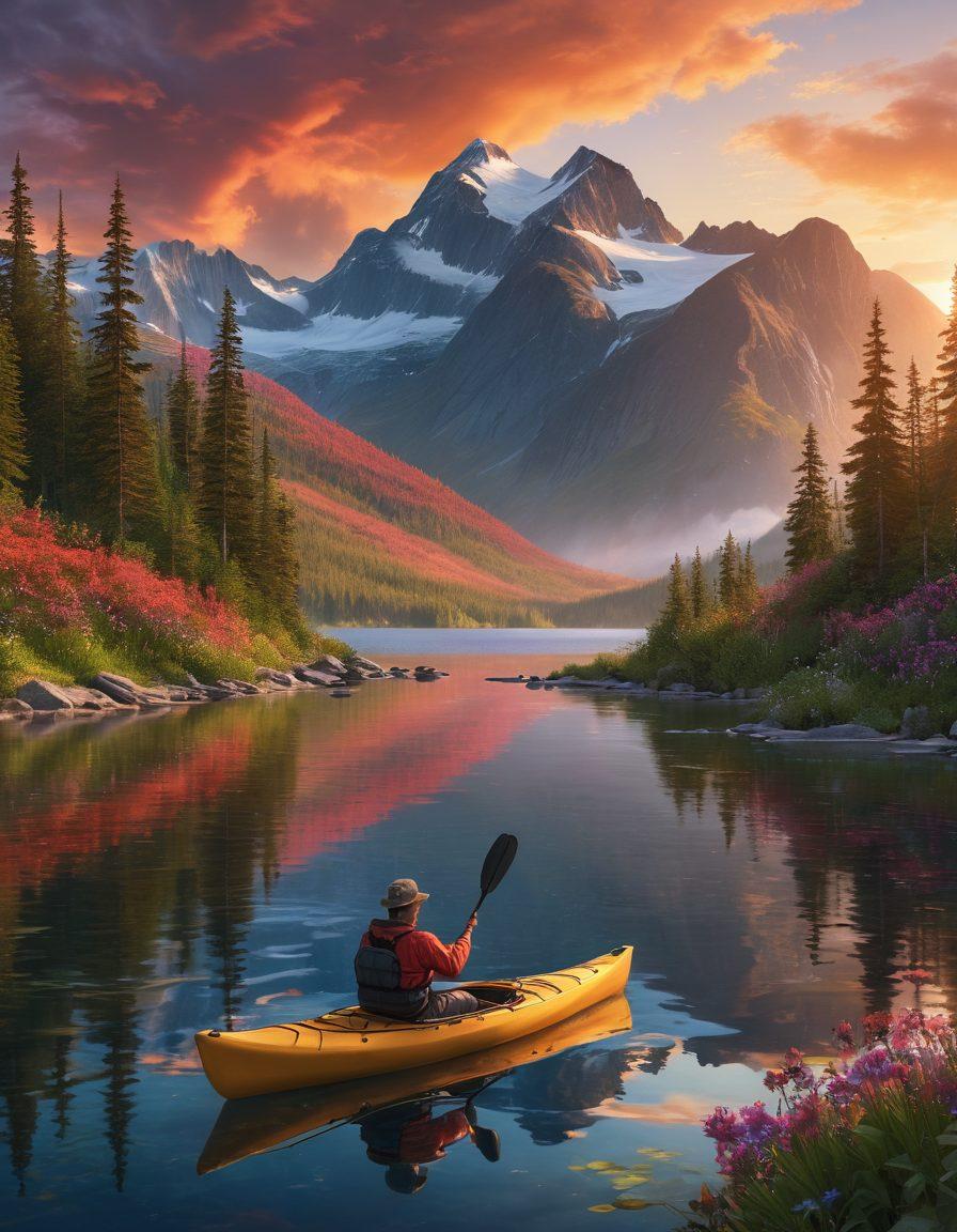 A breathtaking Alaskan landscape showcasing majestic mountains, a serene lake, and a vibrant sunset sky. In the foreground, a couple with joyful expressions engages in an adventurous activity like kayaking or hiking, surrounded by lush forests and wildflowers. Soft, warm lighting to evoke a sense of passion and devotion. super-realistic. vibrant colors. 3D.