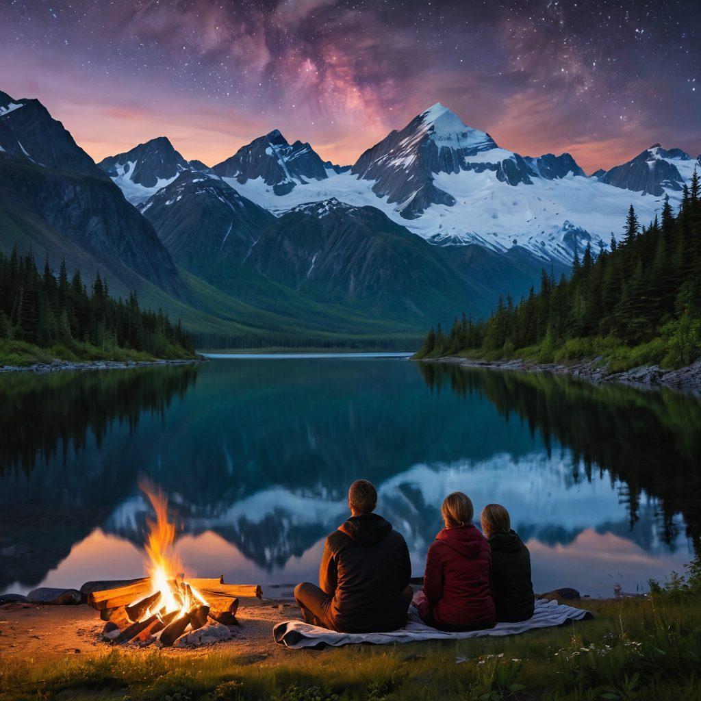 A breathtaking Alaskan landscape featuring towering snow-capped mountains and a serene glacial lake reflecting the stunning surroundings. In the foreground, a couple is cozying up beside a crackling campfire, wrapped in a warm blanket, gazing at the starry night sky. Soft auroras dance above, adding a magical glow to the scene. Lush greenery and wildflowers frame the couple, enhancing the romantic atmosphere. super-realistic. vibrant colors. nighttime.