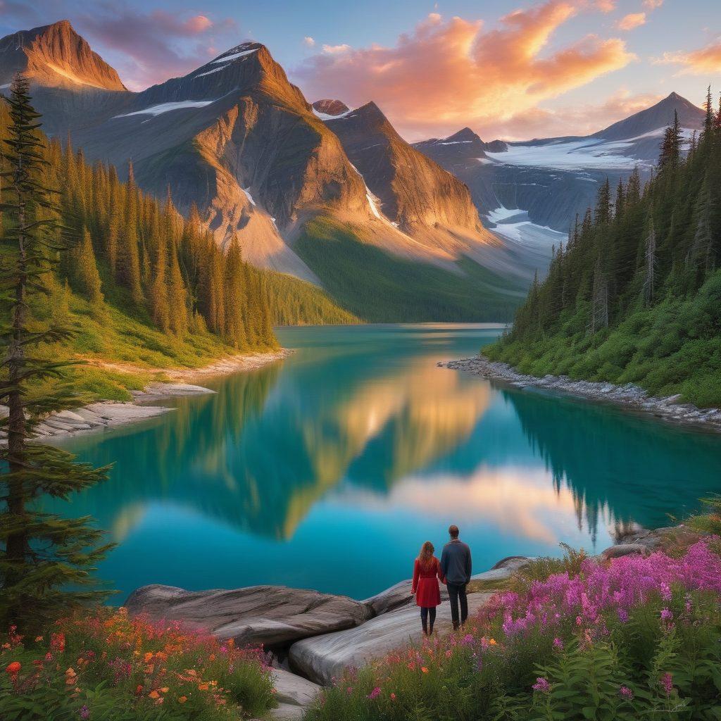 A breathtaking Alaskan wilderness scene showcasing a couple holding hands while standing on a cliff overlooking a stunning glacier lake surrounded by majestic mountains and dense pine forests. The foreground features colorful wildflowers to symbolize romance, while the sky is painted with soft hues of sunset, creating a serene and intimate atmosphere. Include a gentle breeze causing the couple's hair to flow, symbolizing devotion and connection with nature. romantic landscape. super-realistic. vibrant colors.
